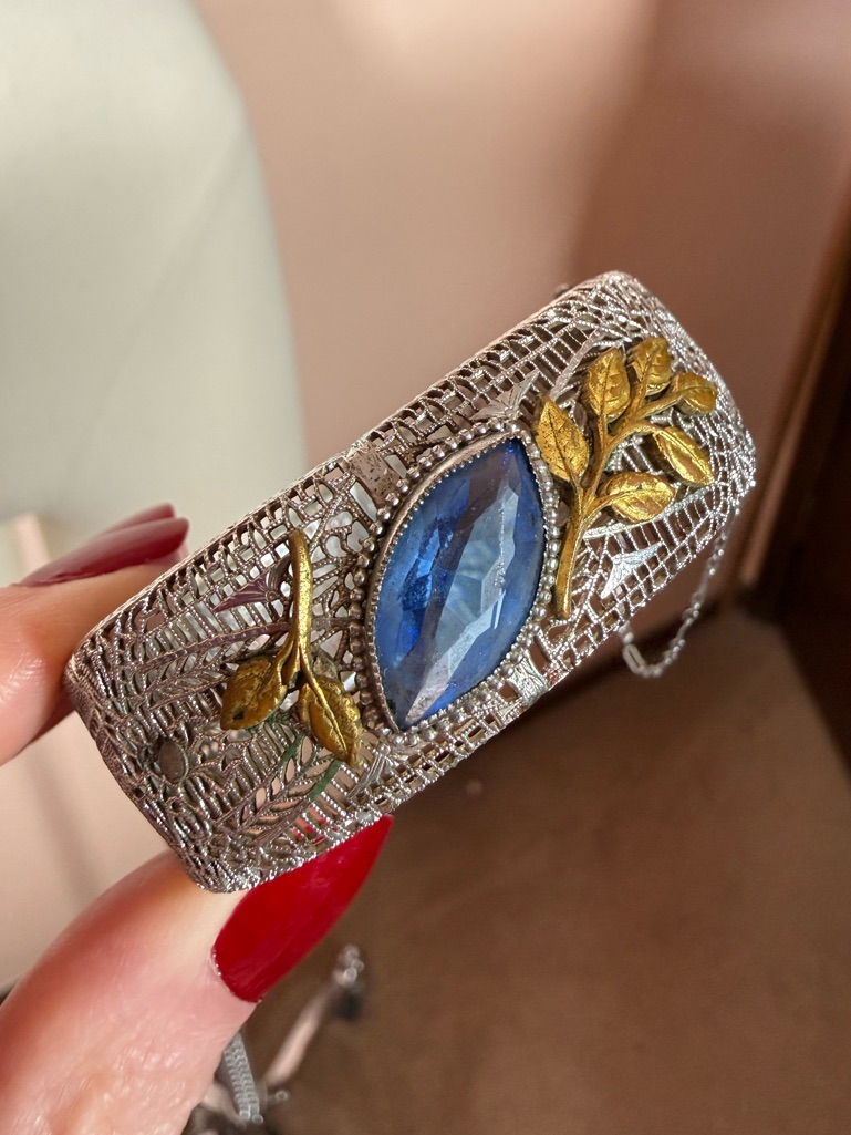 Antique 1920’s Art Deco Silver Filagree Pale Blue Marquee Glass Wide Bracelet
